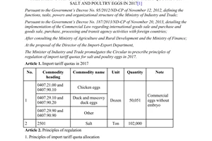 Circular 03/2017/TT-BCT principles regulation import tariff quotas for salt poultry eggs 2017