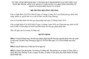 Quyết định 698/QĐ-BCT công bố Danh mục văn bản quy phạm pháp luật hết hiệu lực toàn bộ 2017