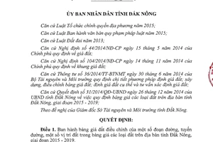 Quyết định 06/2017/QĐ-UBND ban hành bảng giá đất điều chỉnh Đắk Nông 2015 2019