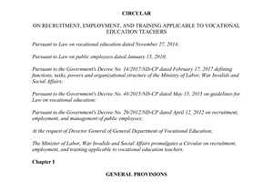Circular 06/2017/TT-BLDTBXH recruitment employment training applicable vocational education teachers