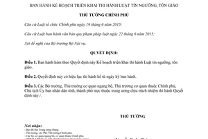 Quyết định 306/QĐ-TTg Kế hoạch triển khai thi hành Luật tín ngưỡng tôn giáo 2017