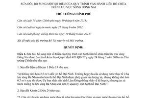 Quyết định 305/QĐ-TTg sửa đổi Quy trình vận hành liên hồ chứa trên lưu vực sông Đồng Nai 2017