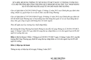 Thông tư 04/2017/TT-BCT sửa đổi 20/2011/TT-BCT thủ tục nhập khẩu xe ô tô chở người