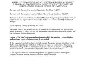 Decision 04/2017/QD-TTg list equipment appliances to which the mandatory energy labeling