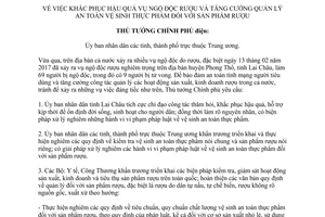 Công điện 371/CĐ-TTg khắc phục hậu quả vụ ngộ độc rượu quản lý an toàn vệ sinh thực phẩm 2017