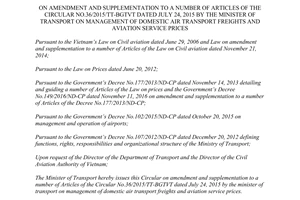 Circular 07/2017/TT-BGTVT amends 36/2015/TT-BGTVT domestic air transport freights aviation service prices