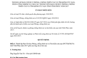 Quyết định 832/QĐ-UBND 2017 Ban Chỉ huy Phòng chống thiên tai cứu nạn Vĩnh Phúc