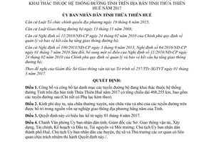 Quyết định 16/2017/QĐ-UBND công bố công bố lại danh mục tuyến đường bộ tỉnh Thừa Thiên Huế