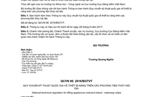 Thông tư 09/2017/TT-BGTVT Quy chuẩn kỹ thuật quốc gia về thiết bị nâng trên phương tiện thủy nội địa