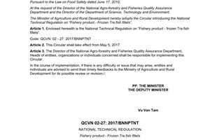 Circular 07/2017/TT-BNNPTNT National Technical Regulation on Fishery product frozen Tra fish fillets 2017
