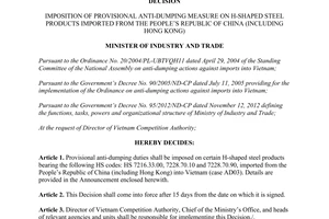 Decision 957/QĐ-BCT imposition provisional anti dumping measure H shaped steel imported from China