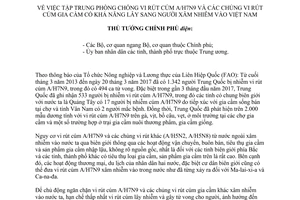 Công điện 427/CĐ-TTg tập trung phòng chống vi rút cúm A/H7N9 và các chủng vi rút cúm gia cầm 2017