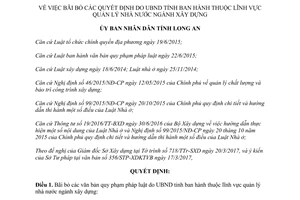Quyết định 15/2017/QĐ-UBND bãi bỏ quyết định quản lý nhà nước ngành xây dựng Long An 2017