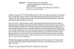 Công văn 1955/TCHQ-TXNK ký Thỏa thuận phối hợp thu ngân sách nhà nước 2017