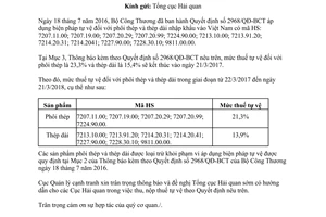 Công văn 225/QLCT-P2 thông báo áp dụng biện pháp tự vệ 2017