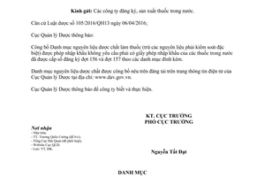 Công văn 2492/QLD-ĐK nguyên liệu dược chất làm thuốc được phép nhập khẩu 2017