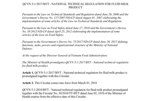 Circular 03/2017/TT-BYT QCVN 5-1:2017/BYT National technical regulation for fluid milk product