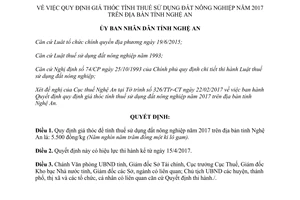 Quyết định 38/2017/QĐ-UBND quy định giá thóc tính thuế sử dụng đất nông nghiệp địa bàn Nghệ An 2017