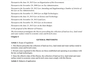 Decree 35/2017/ND-CP collection land use levy lan water surface rental economic zones hi tech zones