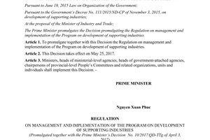 Decision 10/2017/QD-TTg Regulation management Program development supporting industries