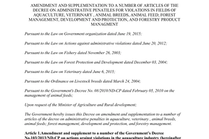 Decree 41/2017/ND-CP amendment to decree on administrative penatiles for violations in agriculture