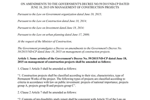 Decree 42/2017/ND-CP amendments to the Decree 59/2015/ND-CP management of construction projects