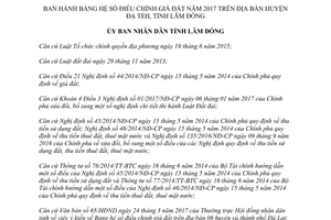 Quyết định 22/2017/QĐ-UBND Bảng hệ số điều chỉnh giá đất trên địa bàn huyện Đạ Tẻh Lâm Đồng 2017