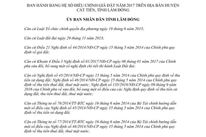 Quyết định 23/2017/QĐ-UBND Bảng hệ số điều chỉnh giá đất huyện Cát Tiên Lâm Đồng 2017