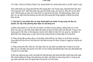 Chỉ thị 3199/CT-BNN-TCTL bảo đảm an toàn hồ chứa nước thủy lợi 2017