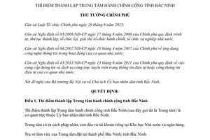 Quyết định 506/QĐ-TTg thí điểm thành lập Trung tâm hành chính công tỉnh Bắc Ninh 2017