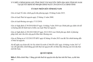 Quyết định 501/QĐ-UBND điều chỉnh Bảng giá tính thuế tài nguyên Hà Nam 2017