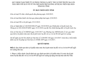 Quyết định 14/2017/QĐ-UBND mức thu lệ phí trước bạ xe ô tô 9 chỗ ngồi Hà Tĩnh