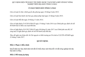 Quyết định 09/2017/QĐ-UBND diện tích đất tối thiểu tách thửa đất nông nghiệp Cà Mau