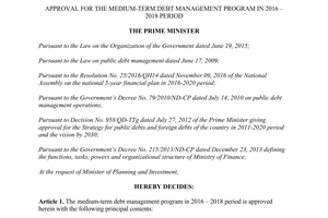 Decision 544/QD-TTg 2017 approval for the medium term debt management program 2016 2018