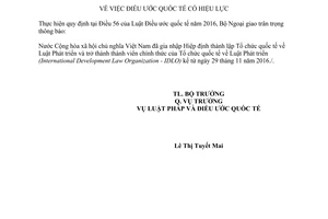 Thông báo 20/2017/TB-LPQT gia nhập Hiệp định thành lập Tổ chức quốc tế về Luật Phát triển