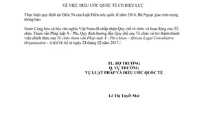 Thông báo 15/2017/TB-LPQT chấp nhận Quy chế tổ chức hoạt động Tổ chức Tham vấn Pháp luật Á Phi
