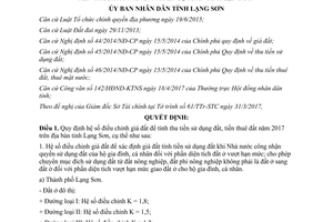 Quyết định 15/2017/QĐ-UBND hệ số điều chỉnh giá đất Lạng Sơn 2017