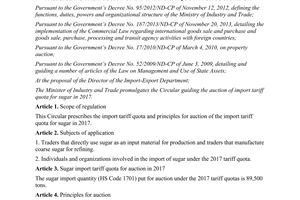 Circular 05/2017/TT-BCT prescribing the auction of import tariff quota for sugar in 2017