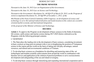 Decision 562/QD-TTg 2017 Program development basic chemistry life earth marine science