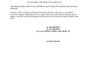 Thông báo 22/2017/TB-LPQT hiệu lực Công ước ASEAN phòng chống buôn bán người phụ nữ trẻ em