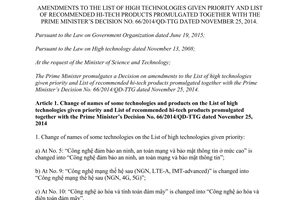Decision 13/2017/QD-TTg 2017 amendments List high technologies hi tech products