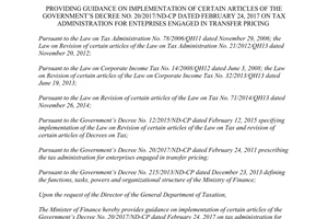 Circular 41/2017/TT-BTC guidance 20/2017/ND-CP tax administration enteprises transfer pricing