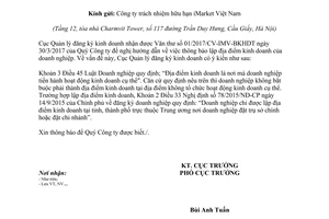 Công văn số 69/ĐKKD-NV 2017 thông báo lập địa điểm kinh doanh