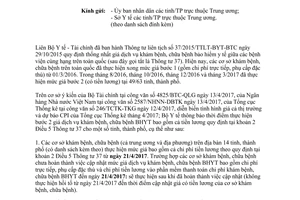 Công văn 2078/BYT-KH-TC giá dịch vụ khám chữa bệnh bảo hiểm y tế của 14 tỉnh thành tháng 4 2017
