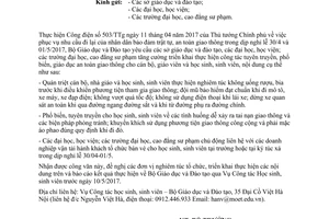 Công văn 1658/BGDĐT-CTHSS công tác tuyên truyền, giáo dục an toàn giao thông năm 2017