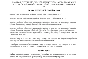 Quyết định 1545/2017/QĐ-UBND Quy chế cho phép sử dụng thẻ đi lại doanh nhân APEC Quảng Ninh
