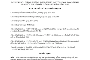 Quyết định 21/2017/QĐ-UBND giá bồi thường hỗ trợ cây hoa màu Nhà nước thu hồi đất Bình Định