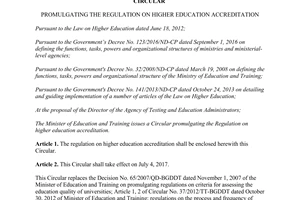 Circular 12/2017/TT-BGDDT promulgating Regulation higher education accreditation