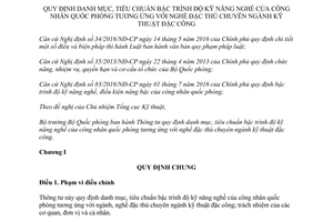 Thông tư 134/2017/TT-BQP tiêu chuẩn bậc trình độ kỹ năng quốc phòng đặc thù kỹ thuật đặc công