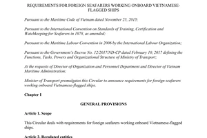 Circular 17/2017/TT-BGTVT requirements foreign seafarers working Vietnamese flagged ships